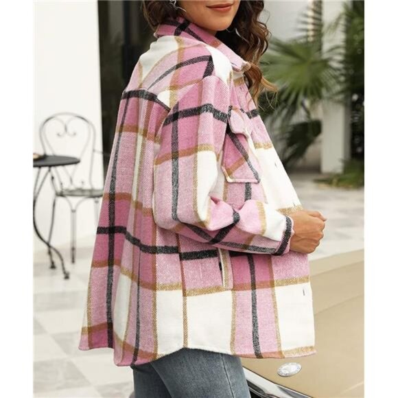 Women's Fall Plaid Shackets - Button Down Long Sleeve Casual Shirts 2024, Pink - Picture 3 of 5
